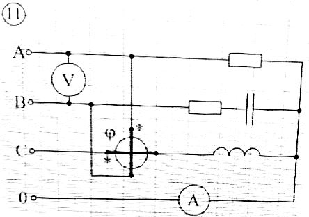 Определить показания приборов.  Рассчитать ток в нулевом проводе при обрыве линейного провода «A»  Построить векторную диаграмму токов и напряжений  <br />Дано: IA = 12 A, IB = 6 A, IC = 8 A, <br />Zb = 20e<sup>-j40°</sup> Ом