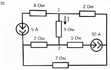 Задача 30<br />Найти напряжение Uр, rвх активного двухполюсника относительно узлов 1 и 2 и ток I