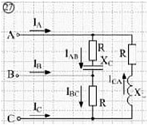 Задача 27<br />Определить линейные и фазные токи, активную мощность. <br />Построить векторную диаграмму токов и напряжений <br />Дано: Iab = 10 A, R = 6 Ом, XL = Xc = 8 Ом