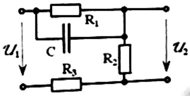 <b>Экзаменационный билет №10.</b> <br />Задача по теме «Цепи переменного тока»: для приведенной схемы найти ЭДС эквивалентного источника напряжения и его внутреннее сопротивление со стороны U<sub>2</sub> при подаче на вход гармонического напряжения с амплитудой Е<sub>m</sub> = 1 В и частотой f = 2 кГц. <br />R<sub>1</sub> = 100 Ом, R<sub>2</sub> = 200 Ом, R<sub>3</sub> = 100 Ом С = 1 мкФ.       