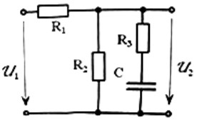 <b>Экзаменационный билет №19.</b> <br />Задача по теме «Цепи переменного тока»: для приведенной схемы найти ток эквивалентного источника тока и его внутреннюю проводимость со стороны U<sub>2</sub> при подаче на вход гармонического напряжения с амплитудой Е<sub>m</sub> = 3 В и частотой f = 2 кГц. <br />R<sub>1</sub> = 100 Ом, R<sub>2</sub> = 200 Ом, R<sub>3</sub> = 100 Ом, С = 1 мкФ.