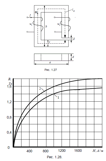 <b>Задача 1.3. Расчет магнитной цепи постоянного тока  </b><br />Неразветвленная магнитная цепь рис. 1.27, имеет следующие размеры: а=35 см – длина, b=35 см – высота, d=6 см – толщина, с=6 см – ширина стержней магнитопровода; δ=0,03 см – длина воздушного зазора; w1=600, w2=300 – числа витков первой и второй катушек. Катушки соединяются последовательно и могут включаться согласно или встречно. В катушках течет постоянный электрический ток I равный току в четвертой ветви I4=11,429 А, рассчитанному в задаче 1.1.    <br />Кривые намагничивания электротехнической стали магнитопровода приведены на рис. 1.28. Расчет по вариантам с нечетными номерами выполняется с использованием кривой 1, а с четными – кривой 2.<br /><b>Требуется:</b>  <br />1. Начертить эквивалентную схему магнитной цепи.  <br />2. Рассчитать графоаналитическим методом магнитный поток и магнитную индукцию в воздушном зазоре при согласном и встречном включении катушек.  <br />3. Определить индуктивности катушек при согласном и встречном включении катушек. <br /><b> Вариант 8</b>