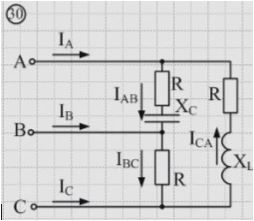 <b>Задача 30</b><br />Определить линейные и фазные токи, активную мощность. <br />Построить векторную диаграмму токов и напряжений <br />Дано: Uab = 100 В, Ica = 10 A, R = X<sub>L</sub> = Xc 