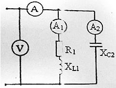 Определить показания амперметров, угол сдвига фаз ϕ (по величине и знаку) между напряжением и током, активную P, реактивную Q и полную S мощности цепи. <br />Построить в масштабе ВД, после чего измерить вектор суммарного тока и найти его величину. Затем вычислить ток в неразветвленной части цепи математически и сравнить результаты. <br /><b>Вариант 1</b> <br />Дано: U = 20 В, R1 = 6 Ом, XL1 = 8 Ом, XC2 = 25 Ом