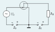 Какая схема включения полевого транзистора показана на рисунке? <br /><b>Выберите один ответ:</b> <br />а. с общим затвором <br />b. с общим истоком <br />с. с общим эмиттером <br />d. с общей стоком