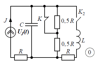 <b>Задание №2 </b><br />Расчет переходных процессов в линейных электрических цепях<br /><b>Вариант 100</b><br />Дано: J = 5,5А, α = 90°, ω = 1000 1/с, R = 10 Ом, L = 0.02 Гн, C = 200 мкФ.