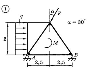 <b>Задача С2. Плоская система сил </b><br />Для представленных на схемах 1-30 тел определить реакции опор. Приведенные на схемах нагрузки имеют следующие величины: вес груза G = 10 кН, сила F = 10 кН, момент пары сил M = 20 кН•м, интенсивность распределенной силы q = 5 кН/м, а также qma = 5 кН/м. Размеры указаны в метрах. Весом тела следует пренебречь.<br /><b> Вариант 1</b>