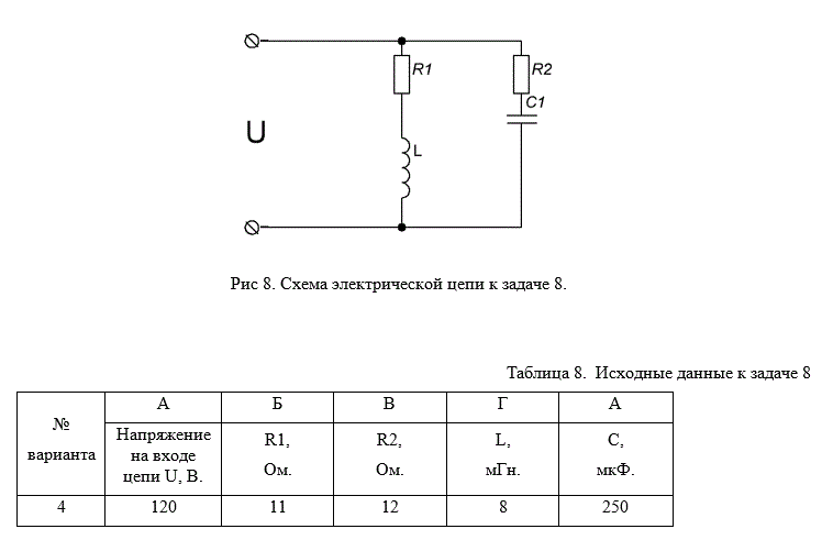 Задача 8.<br /> К электрической цепи, схема которой приведена на рисунке 2,  приложено переменное синусоидальное напряжение  U частотой f=50 Гц. Значение величин сопротивлений R1 u R2, индуктивности L и емкости C, а также действующего значения напряжения приведены в таблице 2. <br />Определить комплексные токи, комплексы падения напряжений на элементах цепи, комплексную, активную и реактивную мощность.<br /> Построить на комплексной плоскости масштабе векторные диаграммы токов и напряжений. <br />Построить на комплексной плоскости в масштабе векторную диаграмму мощностей.<br /><b>Вариант 4</b>