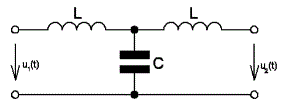 <b>Задача 2 </b><br />Дана схема простейшего Т-образного фильтра низких частот (L = 20 мГн; C = 1 мкФ): <br />Определить граничные частоты фильтра.