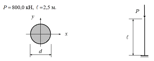<b>Расчетно-графическая работа №4  <br />Расчет сжатых стержней на устойчивость</b>  <br />Деревянный стержень длиной l сжимается силой P. Требуется: <br />Найти размеры поперечного сечения при допускаемом напряжении на простое сжатие [σ<sub>сж</sub>] =10 МПа (расчет производить последовательными приближениями, предварительно задавшись коэффициентом φ=0,5). <br />Найти критическую силу и коэффициент запаса по устойчивости.<br /> <b>Вариант 2 группа 4</b>