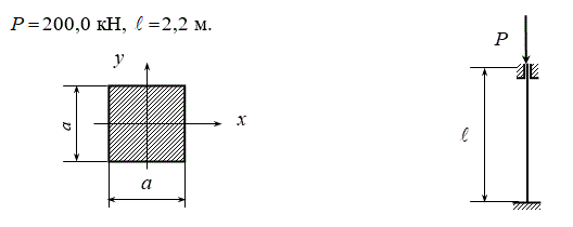 <b>Расчетно-графическая работа №4  <br />Расчет сжатых стержней на устойчивость</b>  <br />Деревянный стержень длиной l сжимается силой P. Требуется: <br />Найти размеры поперечного сечения при допускаемом напряжении на простое сжатие [σ<sub>сж</sub>] =10 МПа (расчет производить последовательными приближениями, предварительно задавшись коэффициентом φ=0,5). <br />Найти критическую силу и коэффициент запаса по устойчивости.<br /> <b>Вариант 15 группа 4</b>