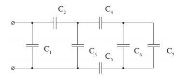 <b>Задача 5 </b><br />Цепь постоянного тока, состоящая из нескольких конденсаторов, включенных смешанно, присоединена к источнику питания. Начертить в соответствии с номером исходной схемы электростатическую цепь, содержащую только те элементы, численные значения которых даны по Вашему варианту в таблице 2.   <br />Методом «свертывания цепи» определить эквивалентную емкость и общий заряд батареи конденсаторов.    <br />Дано: Схема 1 <br />C1 = 1 мкФ, C2 = 6 мкФ, C3 = 10 мкФ, C4 = -, С5 = 3 мкФ, C6 = -, C7 = 6 мкФ <br />U = 270В