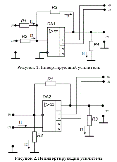 <b>Расчет и анализ работы усилительных каскадов  на операционных усилителях</b><br />Необходимо определить: <br />1)  величины параметров, обозначенных в таблицах 3 и 4 знаком «Х»;  <br />2)  указать – правильно ли указаны на рисунках 2 и 3 направления протекания токов;  <br />3) тип и мощность рассеивания резисторов устройства; <br /><b>Вариант 06</b><br />Дано <br />Тип ОУ: <b>КР574УД2</b> <br /><b>Столбец 0 таблицы 3</b> <br />R1=1 кОм; <br />R2=1,5 кОм; <br />R4=2 кОм; <br />U1=1,5 В;<br /> U2=-2,5 В; <br />U3=2,5 В; <br />Найти R3-? I1-? I2-? I3-? I4-? <br /><b>Столбец 6 таблицы 4</b> <br />R1=24 кОм; <br />U1=0,3 В; <br />I2=0,3 мА; <br />I3=3,75 мА;  <br />Найти R2-? R3-? U2-? U3-? I1-? K<sub>U33</sub>-?