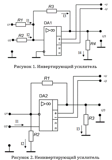 <b>Расчет и анализ работы усилительных каскадов  на операционных усилителях</b><br />Необходимо определить: <br />1)  величины параметров, обозначенных в таблицах 3 и 4 знаком «Х»;  <br />2)  указать – правильно ли указаны на рисунках 2 и 3 направления протекания токов;  <br />3) тип и мощность рассеивания резисторов устройства; <br /><b>Вариант 13</b><br />Дано <br />Тип ОУ: <b>К140УД1А </b><br /><b>Столбец 1 таблицы 3</b> <br />R2=3 кОм; <br />R3=30 кОм; <br />R4=1 кОм; <br />U1=0,15 В; <br />U2=-0,25 В; <br />I4=0,25 мА; <br />Найти R1-? I1-? I2-? I3-? U3-? <br /><b>Столбец 3 таблицы 4</b> <br />R2=3 кОм; <br />R3=30 кОм; <br />U2=0,4 В; <br />U3=5,1 В; <br />I3=1 мА;  <br />Найти R1-? U1-? I1-? I2-? K<sub>U33</sub>-?