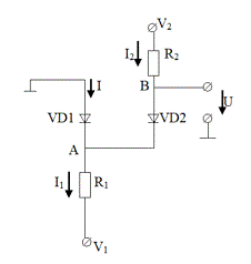 Полагая диоды идеальными (напряжение на открытом диоде равно нулю, а сопротивление в запертом состоянии равно бесконечности), найти значение тока I и U для цепи.  <br /><b>Вариант 4</b><br />Дано <br />R1=15 кОм; <br />R2=20 кОм; <br />V1=-30 В; <br />V2=+20 В;