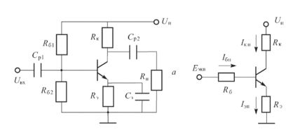 <b>Задача 3.4</b>. Определить точку покоя резисторного усилителя (рис. 2.3) на транзисторе КТ 216А, если: Uп = 30 В, Rк = 4,9 кОм, Rэ= 100 Ом, Rб1 = 95 кОм, Rб2= 5 кОм, h21э = 54. Характеристики транзистора приведены в приложении на рис. П.4. Определить дифференциальный параметр h11э в точке покоя.