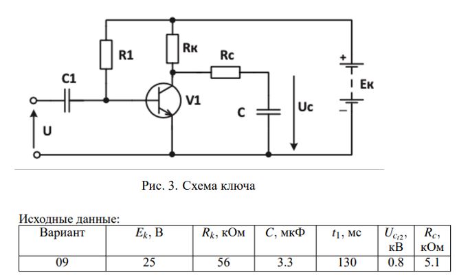 <b>Задача 1.2. Ключевая транзисторная схема для управления RС-цепью.</b> <br />В схеме ключа на рис. 3 транзистор находится в состоянии насыщения, конденсатор разряжен. В момент времени t0 транзистор запирается отрицательным импульсом длительностью t1, а затем вновь входит в насыщение.<br /><b>Задание:</b> <br />1. Получить математическое выражение, в соответствии с которым изменяется напряжение на конденсаторе, когда транзистор не пропускает ток. <br />2. Найти напряжение на конденсаторе U<sub>ct1</sub> в момент времени t = t1 <br />3. Получить математическое выражение, в соответствии с которым изменяется напряжение на конденсаторе при t ≥ t1. <br />4. Определить момент времени t2 > t1 , при котором напряжение на конденсаторе снизится до значения U<sub>ct2</sub> . <br />5. Начертить график зависимости напряжения Uc для интервала времени 0 ≤ t ≤ 4t1 с изображением входного сигнала. <br />По результатам вычисления параметров схемы с использованием программного комплекса «Electronic Workbench» выполнить моделирование работы ключевой схемы на ЭВМ.<br /><b>Вариант 9</b>