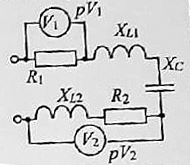 2. Определите показания прибора электромагнитной системы pV2, если в цепи резонанс и показание прибора pV1 составляет 20 В. <br />Z = 10 Ом, R2 = 4 Ом, XL1 = 2 Ом, Xc = 5 Ом.