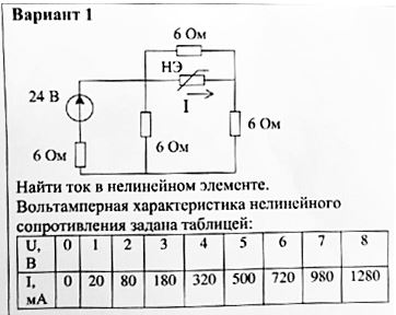 <b>Вариант 1 </b><br />Найти ток в нелинейном элементе. <br />Вольтамперная характеристика нелинейного сопротивления задана таблицей.