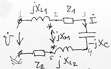 r1 = r2 = 8 Ом, <br />X<sub>L1</sub> = X<sub>L2</sub> = 16 Ом <br />X<sub>M</sub> = 8 Ом,  <br />Xc = 8 Ом <br />U = 100 В <br />Определить ток I, построить топографическую диаграмму напряжений (ТДН)
