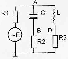 На схеме Е – источник переменного напряжения 120 В. <br />Схема имеет следующие параметры: R2 = R3 = 2 Ом, Xc = XL = 20 Ом. <br />При какой величине резистора R1 напряжение в точке A будет 100 В? Найти при этом токи во всех ветвях и напряжение между точками B и D.