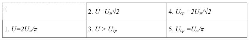 Какое соотношение между амплитудным, действующим и средним значениями напряжений справедливо при синусоидальном переменном токе? (выберите один правильный ответ из пяти и в поле ввода введите целое число от 1 до 5)