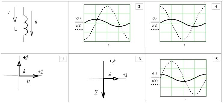 Правильная осциллограмма или векторная диаграмма для участка цепи: (выберите один правильный ответ из пяти и в поле ввода введите целое число от 1 до 5)