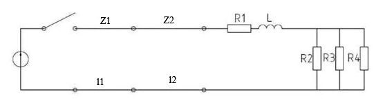 Нужно построить распределение тока и напряжения вдоль линии для момента времени, когда отраженная волна пройдёт половину длины линии. <br /><b>Дано </b><br />E=240 кВ; <br />z1=220 Ом; <br />z2=380 Ом; <br />l=l1=l2=400 км; <br />R1=220 Ом; <br />R2=388 Ом; <br />R3=189 Ом; <br />R4=165 Ом; <br />L=0,14 Гн;