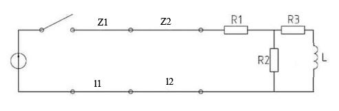 Нужно построить распределение тока и напряжения вдоль линии для момента времени, когда отраженная волна пройдёт половину длины линии. <br /><b>Дано </b><br />E=240 кВ; <br />z1=100 Ом; <br />z2=600 Ом; <br />l=l1=l2=400 км; <br />R1=345 Ом; <br />R2=130 Ом; <br />R3=220 Ом; <br />L=0,110 Гн;