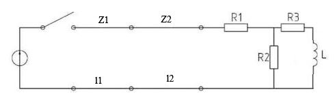 Нужно построить распределение тока и напряжения вдоль линии для момента времени, когда отраженная волна пройдёт половину длины линии. <br /><b>Дано</b> <br />E=220 кВ; <br />z1=200 Ом; <br />z2=700 Ом; <br />l=l1=l2=600 км; <br />R1=355 Ом; <br />R2=150 Ом; <br />R3=230 Ом; <br />L=0,100 Гн;