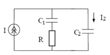 <b>Вариант 6</b><br />Схема цепи приведена на рисунке. На входе действует источник тока I. Выходным сигналом является ток через конденсатор С<sub>2</sub>.  <br />Получите выражения для комплексного коэффициента передачи, АЧХ и ФЧХ цепи, определите частоту среза. <br />Рассчитайте значение АЧХ на нулевой частоте и на бесконечности и постройте график АЧХ при С<sub>1</sub>=2С<sub>2</sub>=2С. <br />Как изменится график АЧХ, если вдвое уменьшить сопротивление резистора (показать на том же графике)