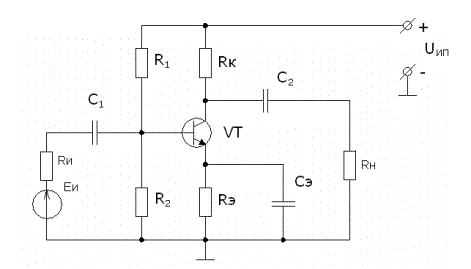 <b>Расчетно-графическая работа №2 (РГР-2) <br />Расчет усилительного каскада на биполярном транзисторе по схеме с общим эмиттером</b> <br />2.1. Задание на выполнение РГР-2 <br />1. Провести расчет усилительного каскада на биполярном транзисторе по схеме ОЭ в соответствии с номером варианта задания. <br />2. Выбрать по справочнику типы элементов схемы со стандартными параметрами и свести в таблицу. <br />3. Составить схему в программе MicroCap в соответствии с рассчитанными значениями элементов. Если среди доступных моделей нет выбранного транзистора, то подобрать ближайший по параметру BF (h21э). Сравнить токи и напряжения протекающие в схеме в режиме Transient с теми, которые были использованы в расчетах, принять значение ЭДС источника входного синусоидального сигнала равной Eг = ((Uвых/Rн)/(h21э))Rг, за частоту взять fн. <br />4. Оформить отчет по выполнению РГР в соответствии с существующими требованиями на стандартных листах формата А4. <br /><b>Вариант 12</b><br />Дано <br />Uвых=0,2 В; <br />fн=110 кГц; <br />Rн=2500 Ом; <br />Rг=110 Ом;