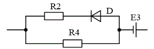 <b>Задача 1. Анализ нелинейного двухполюсника</b>  <br />Двухполюсник содержит источник постоянной ЭДС, линейные резисторы и идеальный полупроводниковый диод.  <br />Схема двухполюсника имеет вид:     <br />Параметры элементов: R2=30 Ом; R4=40 Ом; E3=20 B. <br />Найти: <br />1 – ВАХ <br />2 – u(t)=100∙sin⁡(ω∙t), найти токи графически.