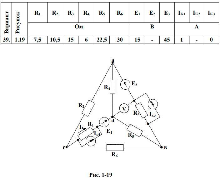 <b>Линейные цепи постоянного тока</b> <br />Задача: Для электрической схемы, соответствующей номеру варианта и изображенной на рис. 1-1 - 1-20, выполнить следующее: <br />1. Составить на основании законов Кирхгофа систему уравнений для расчёта токов во всех ветвях схемы. <br />2. Определить токи во всех ветвях методом контурных токов.  <br />3. Определить токи во всех ветвях схемы методом узловых потенциалов. <br />4. Результаты расчёта токов, проведённого двумя методами, свести в таблицу и сравнить между собой. <br />5. Составить баланс мощности в схеме, вычислив суммарную мощность источников и суммарную мощность нагрузок. <br />6. Вычисления необходимо сделать в одном из программных продуктов: Mathcad, Wolfram Cloud, Matlab. <br /> <b>Вариант 39</b>