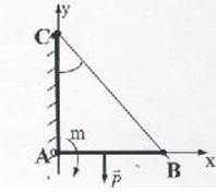 Однородная балка АВ весом 3 кН прикреплена к вертикальной стене шарниром А и удерживается в горизонтальном положении тросом ВС. На балку действует пара сил с моментом m = 1.2 кНм. Определить натяжение тора Т и реакции шарнира А, если α = 30°, АВ = 2 м.