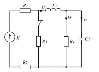 <b>Переходные процессы в линейные электрических цепях <br />Задача 5.1</b> <br />Дана электрическая цепь, в которой происходит коммутация. В цепи действует постоянная ЭДС Е. Параметры цепи приведены в таблице. Рассмотреть переходный процесс в цепи второго порядка. Определить закон изменения во времени указанной в таблице величины (тока или напряжения). <br />Задачу следует решать двумя методами: классическим и операторным. На основании полученного аналитического выражения требуется построить график изменения искомой величины в функции времени в интервале от t = 0 до t = 3/|pmin|, где |pmin| - меньший по модулю корень характеристического уравнения. <br /><b>Вариант 57</b><br />Дано Рисунок 1.8 <br />E=120 В; L=10 мГн; C=10 мкФ; <br />R1=40 Ом; R2=60 Ом; R3=1000 Ом; R4=1000 Ом;  <br />Найти uL(t)-?
