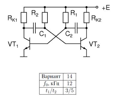 <b>5. Мультивибратор на биполярных транзисторах </b><br />Рассчитайте схему мультивибратора на биполярных транзисторах с параметрами β≥100, fг$gt;100 МГц, I<sub>кmax</sub>=100 мА с заданной частотой и отношением длительности импульса и паузы. Напряжение питания схемы E=5 B.  <br />Определите время фронта импульса t<sub>ф</sub> на каждом выходе мультивибратора.<br /> <b>Вариант 14</b>