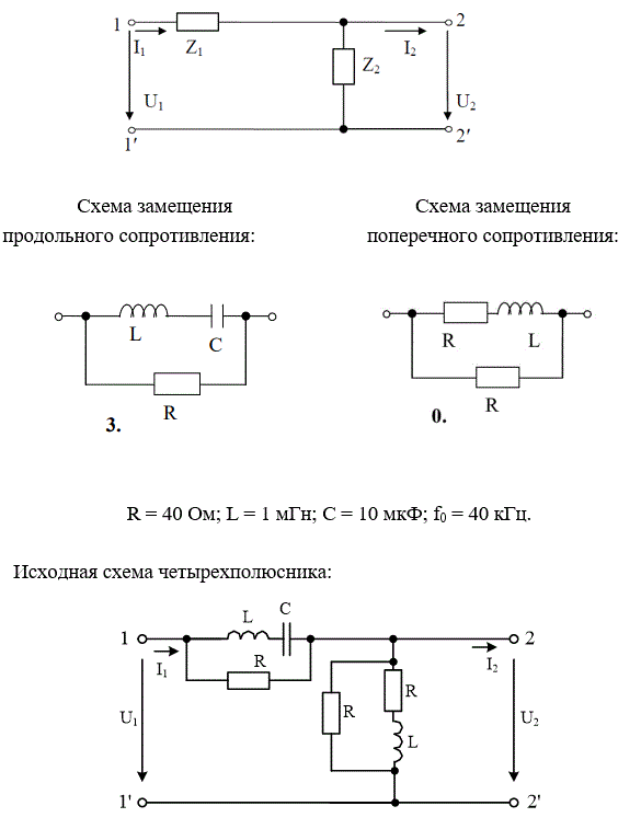 На рис. 5.1 представлена Г-образная эквивалентная схема четырёхполюсника (ЧП), где Z1 – продольное сопротивление, Z2 – поперечное сопротивление.  <br /> 1) начертить исходную схему ЧП; <br />2) свести полученную схему ЧП к Г-образной эквивалентной схеме ЧП, заменив трёхэлементные схемы замещения продольного и поперечного сопротивлений двухэлементными схемами: Z1 = R1 +jX1,   Z2 = R2 +jX2. Дальнейший расчёт вести для эквивалентной схемы; <br />3) определить коэффициенты А – формы записи уравнений ЧП: <br />а) записывая уравнения по законам Кирхгофа; <br />б) используя режимы холостого хода и короткого замыкания; <br />4) определить сопротивления холостого хода и короткого замыкания со стороны первичных (11’) и вторичных выводов (22’): <br />а) через А – параметры;  <br />б) непосредственно через продольное и поперечное сопротивления для режимов холостого хода и короткого замыкания на соответствующих выводах; <br />5) определить характеристические сопротивления для выводов 11’ и 22’ и постоянную передачи ЧП; <br />6) определить комплексный коэффициент передачи по напряжению и передаточную функцию ЧП;<br />7) определить индуктивность и емкость элементов X1, X2 эквивалентной схемы ЧП при f = f0, после чего построить амплитудно-частотную и фазочастотную характеристики ЧП, если частота входного сигнала меняется от f = 0 до f = f0. Построение вести с шагом 0,1∙f0<br /> <b>Вариант 330</b><br />R = 40 Ом; L = 1 мГн; С = 10 мкФ; f0 = 40 кГц.
