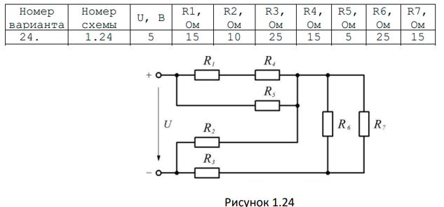 <b>Задание 1 – Расчет простых электрических цепей постоянного тока</b>  <br />В задании требуется:  <br />− вычислить токи в ветвях цепи методом свертки,  <br />− составить баланс мощностей для проверки правильности решения,  <br />− построить потенциальную диаграмму замкнутого контура (подписать узлы на схеме). <br /><b>Вариант 24</b>