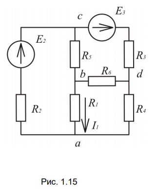 Для электрической цепи выполнить следующее:  <br />1) Составить на основании законов Кирхгофа систему уравнений для определения токов во всех ветвях схемы;  <br />2) Определить токи во всех ветвях схемы, используя метод контурных токов;  <br />3) Определить токи во всех ветвях схемы методом узловых потенциалов;  <br />4) Результаты расчета токов, проведенного двумя методами, свести в таблицу и сравнить между собой:  <br />5) Составить баланс мощностей в исходной схеме, вычислив суммарную мощность источников и суммарную мощность нагрузок (сопротивлений);  <br />6) Определить ток I1 в заданной по условию схеме, используя теорему об активном двухполюснике и эквивалентном генераторе;  <br />7) Построить потенциальную диаграмму для любого замкнутого контура, включающего обе ЭДС. <br /><b>Вариант 41</b> <br />Дано: Рисунок 1.15   <br />E2 = 4 B, E3 = 15 B, <br />R1 = 6 Ом, R2 = 2 Ом, R3 = 4 Ом, R4 = 3 Ом, R5 = 5 Ом, R6 = 2 Ом 