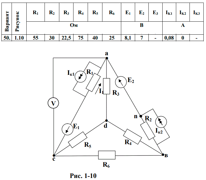 <b>Линейные цепи постоянного тока</b> <br />Задача: Для электрической схемы, соответствующей номеру варианта и изображенной на рис. 1-1 - 1-20, выполнить следующее: <br />1. Составить на основании законов Кирхгофа систему уравнений для расчёта токов во всех ветвях схемы. <br />2. Определить токи во всех ветвях методом контурных токов.  <br />3. Определить токи во всех ветвях схемы методом узловых потенциалов. <br />4. Результаты расчёта токов, проведённого двумя методами, свести в таблицу и сравнить между собой. <br />5. Составить баланс мощности в схеме, вычислив суммарную мощность источников и суммарную мощность нагрузок. <br />6. Вычисления необходимо сделать в одном из программных продуктов: Mathcad, Wolfram Cloud, Matlab. <br /> <b>Вариант 50</b>