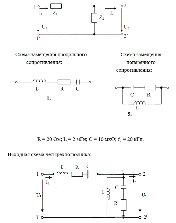 На рис. 5.1 представлена Г-образная эквивалентная схема четырёхполюсника (ЧП), где Z1 – продольное сопротивление, Z2 – поперечное сопротивление.  <br /> 1) начертить исходную схему ЧП; <br />2) свести полученную схему ЧП к Г-образной эквивалентной схеме ЧП, заменив трёхэлементные схемы замещения продольного и поперечного сопротивлений двухэлементными схемами: Z1 = R1 +jX1,   Z2 = R2 +jX2. Дальнейший расчёт вести для эквивалентной схемы; <br />3) определить коэффициенты А – формы записи уравнений ЧП: <br />а) записывая уравнения по законам Кирхгофа; <br />б) используя режимы холостого хода и короткого замыкания; <br />4) определить сопротивления холостого хода и короткого замыкания со стороны первичных (11’) и вторичных выводов (22’): <br />а) через А – параметры;  <br />б) непосредственно через продольное и поперечное сопротивления для режимов холостого хода и короткого замыкания на соответствующих выводах; <br />5) определить характеристические сопротивления для выводов 11’ и 22’ и постоянную передачи ЧП; <br />6) определить комплексный коэффициент передачи по напряжению и передаточную функцию ЧП;<br />7) определить индуктивность и емкость элементов X1, X2 эквивалентной схемы ЧП при f = f0, после чего построить амплитудно-частотную и фазочастотную характеристики ЧП, если частота входного сигнала меняется от f = 0 до f = f0. Построение вести с шагом 0,1∙f0<br /> <b>Вариант 115</b><br />R = 20 Ом; L = 2 мГ; С = 10 мкФ; f0 = 20 кГц