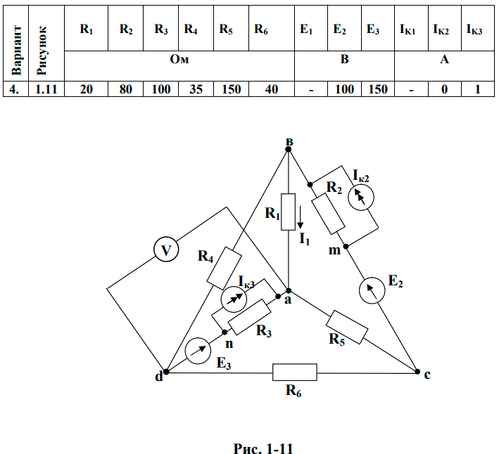 <b>Линейные цепи постоянного тока</b> <br />Задача: Для электрической схемы, соответствующей номеру варианта и изображенной на рис. 1-1 - 1-20, выполнить следующее: <br />1. Составить на основании законов Кирхгофа систему уравнений для расчёта токов во всех ветвях схемы. <br />2. Определить токи во всех ветвях методом контурных токов.  <br />3. Определить токи во всех ветвях схемы методом узловых потенциалов. <br />4. Результаты расчёта токов, проведённого двумя методами, свести в таблицу и сравнить между собой. <br />5. Составить баланс мощности в схеме, вычислив суммарную мощность источников и суммарную мощность нагрузок. <br />6. Вычисления необходимо сделать в одном из программных продуктов: Mathcad, Wolfram Cloud, Matlab. <br /> <b>Вариант 4</b>