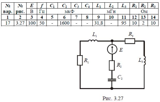 1. Для электрической схемы, соответствующей номеру варианта, выполнить следующие задания (таблица 3):<br /> - Определить токи в ветвях; <br />- Составить баланс мощностей; <br />- Определить напряжения на элементах цепи; <br />- Построить векторную диаграмму токов и топографическую диаграмму. <br /><b>Вариант 17</b>