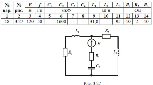 1. Для электрической схемы, соответствующей номеру варианта, выполнить следующие задания (таблица 3):<br /> - Определить токи в ветвях; <br />- Составить баланс мощностей; <br />- Определить напряжения на элементах цепи; <br />- Построить векторную диаграмму токов и топографическую диаграмму. <br /><b>Вариант 18</b>