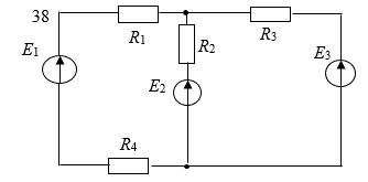 <b>Задача 1</b>  <br />Выполнить указанные ниже задания для электрической схемы, изображенной на рисунке 1, по данным таблицы 1: <br />1. Начертить электрическую схему и записать исходные данные в соответствии с вариантом.<br />2. Записать систему уравнений по первому и второму законам Кирхгофа, необходимую для определения токов в ветвях системы.<br />3. Определить напряжения в узла методом узловых напряжений, предварительно упростив (если это необходимо) схему.<br />4. Проверить правильность решения, применив первый закон Кирхгофа.<br />5. Составить уравнение баланса мощности и проверить его.<br />6. Построить в масштабе потенциальную диаграмму для внешнего контура.  <br /><b>Вариант 38</b>   <br />Все сопротивления по 10 (Ом);  Е1=400 В, Е2=300 В, Е3=200 В 