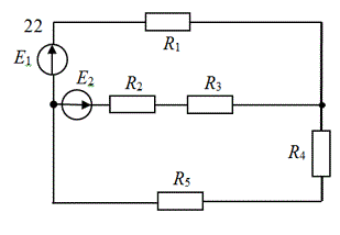 <b>ЗАДАЧА 1</b> <br /> Выполнить указанные ниже задания для электрической схемы, изображенной на рисунке. <br />Начертить электрическую схему и записать исходные данные в соответствии с вариантом. <br />Записать систему уравнений по первому и второму законам Кирхгофа, необходимую для определения токов в ветвях системы. <br />Определить токи в ветвях. <br />Проверить правильность решения, используя первый закон Кирхгофа. <br />Составить уравнение баланса мощности и проверить его. <br />Построить в масштабе потенциальную диаграмму для внешнего контура.<br /><b>Вариант 22</b><br />Все сопротивления R=10 Ом, Е1=400В, Е2=300В