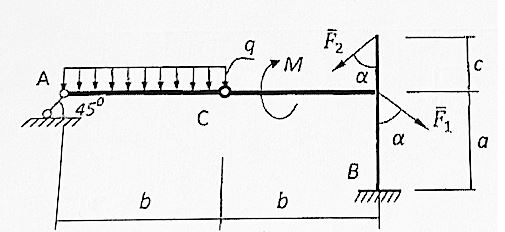 Определить реакции связей конструкции  <br /><b>Схема 1 строка данных 2</b> <br />Дано: F1 = 3.5 кН, M = 10,2 кН•м, q = 1,8 кН/м, α = 45°, a = 0.5 м, b = 0.8 м, c = 0.3 c.