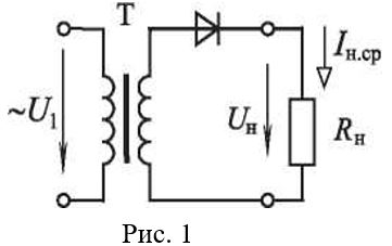 <b>Задача 4.</b> В цепи (рис. 1) через нагрузочный резистор сопротивлением  Rн=500 Ом проходит ток Iн.ср=0,1 А. Выбрать тип диода и рассчитать коэффициент трансформации и мощность трансформатора (см. табл. 1, 2), если напряжение питающей сети U=220 В.             