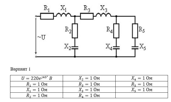 <b>«Анализ работы электрической цепи в режиме переменных токов»</b> <br />Во второй части работы необходимо рассчитать цепь переменного тока символическим (комплексным) методом.  <br />Цепь представлена в приведенном ниже примере. Значения сопротивлений цепи должны соответствовать номеру варианта студента. То есть, в варианте №1 все сопротивления равны 1 Ом, в варианте № 2 – 2 Ом  и т.д. Напряжение, подключенное к цепи составляет во всех вариантах 220 В, значение сдвига фаз во всех вариантах - 45 °.   <br />Необходимо определить полные комплексные сопротивления ветвей схемы замещения, комплекс эквивалентного сопротивления цепи, комплексы токов и напряжений в ветвях, сопряженные комплексы токов, мощности приемников и источника, сформировать баланс мощностей.  Найти мгновенные значений напряжений и токов<br /> <b>Вариант 1</b>